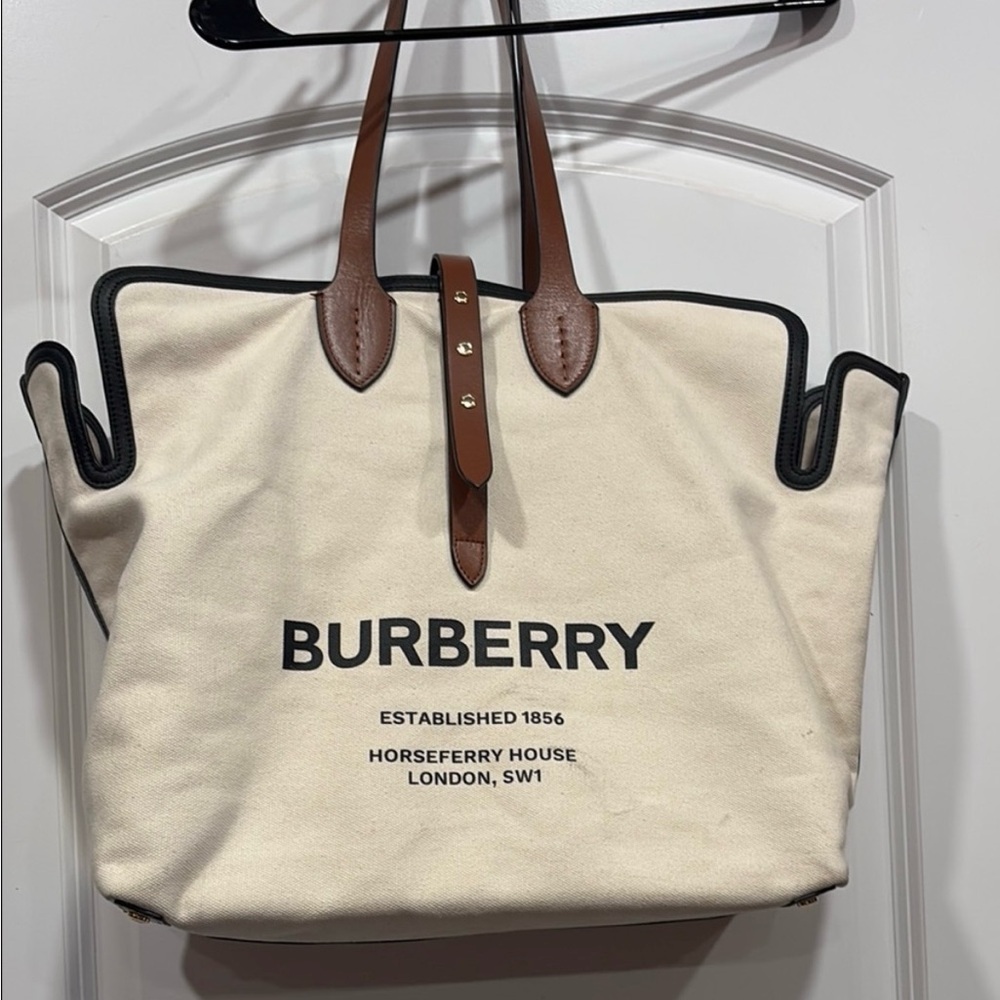Burberry Cream Canvas Tote with Brown and Black Leather Accents - Picture 3 of 9